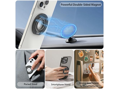 Magnetisk telefongrebsring står med ekspanderende greb og justerbart spark